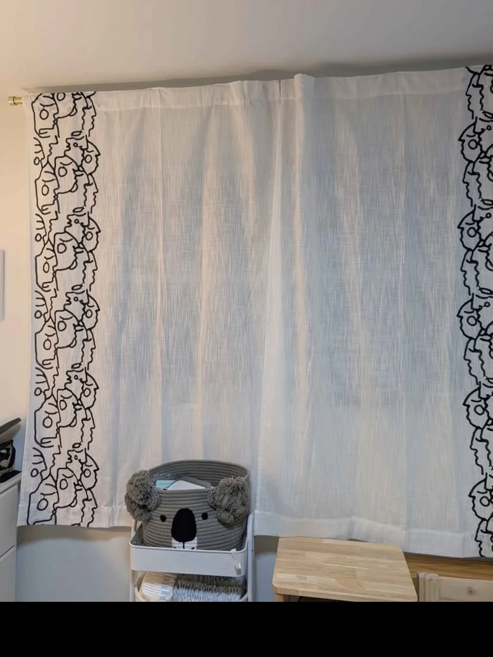 QTY 4 Jungalow White Semi Sheer Curtains with Black Abstract Face Border